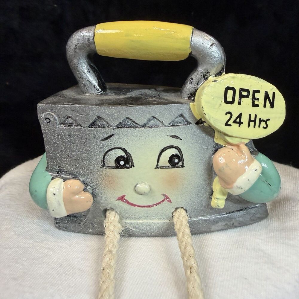 Shelf Sitter Anthropomorphic Laundry Iron Open 24 Hours Hanging Leg Vintage Rare